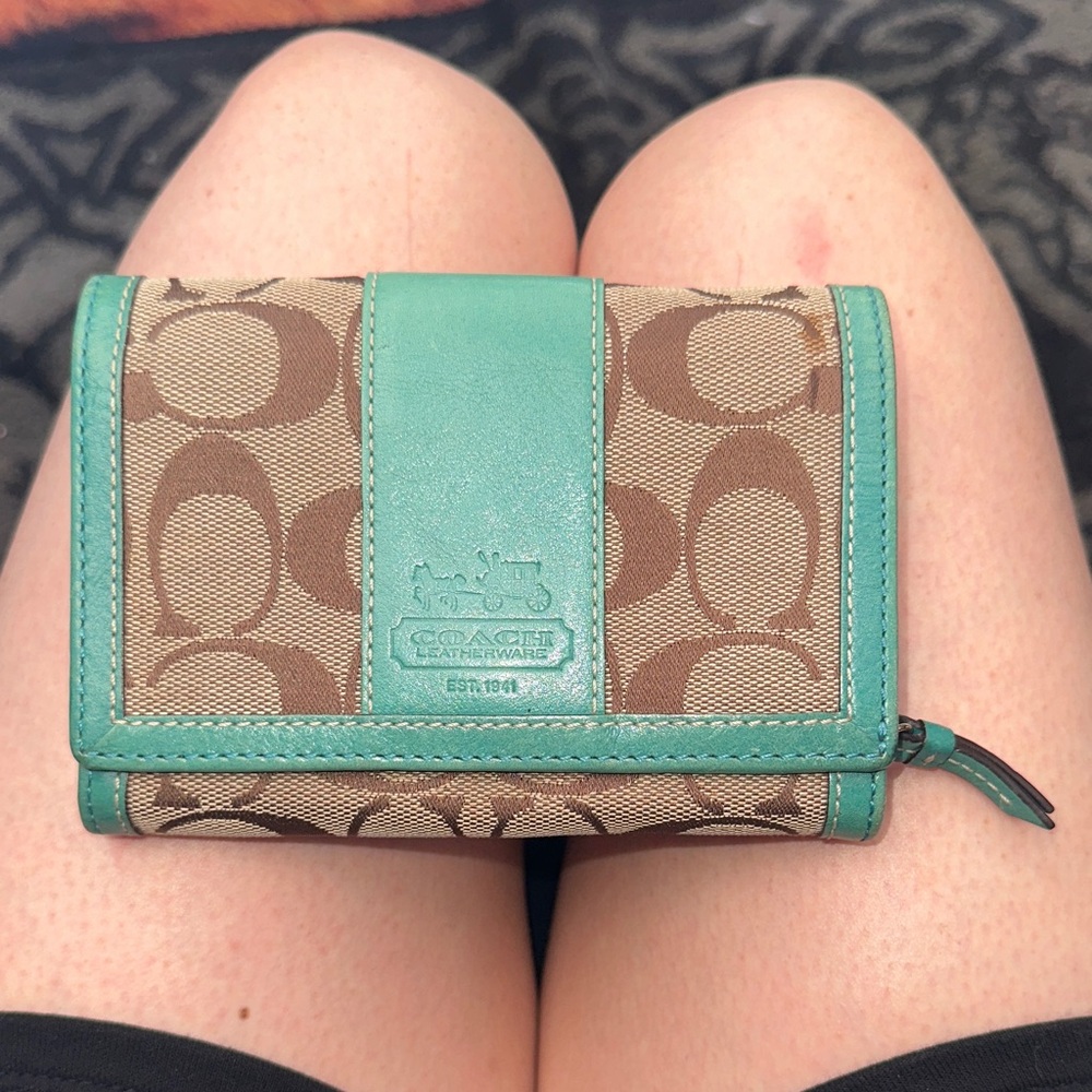 Coach Teal and Brown Signature Wallet canvas and leather
